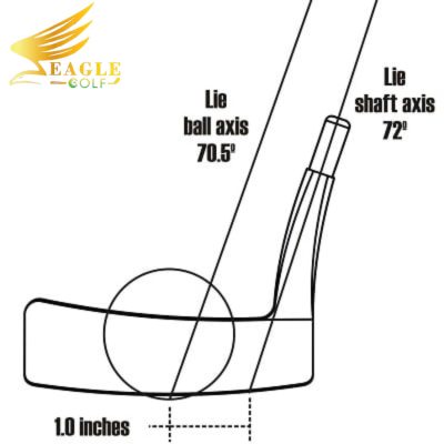 Ảnh gậy putter có trục ở gót với góc lie 72° và góc 70.5° từ tay đến trục của bóng golf